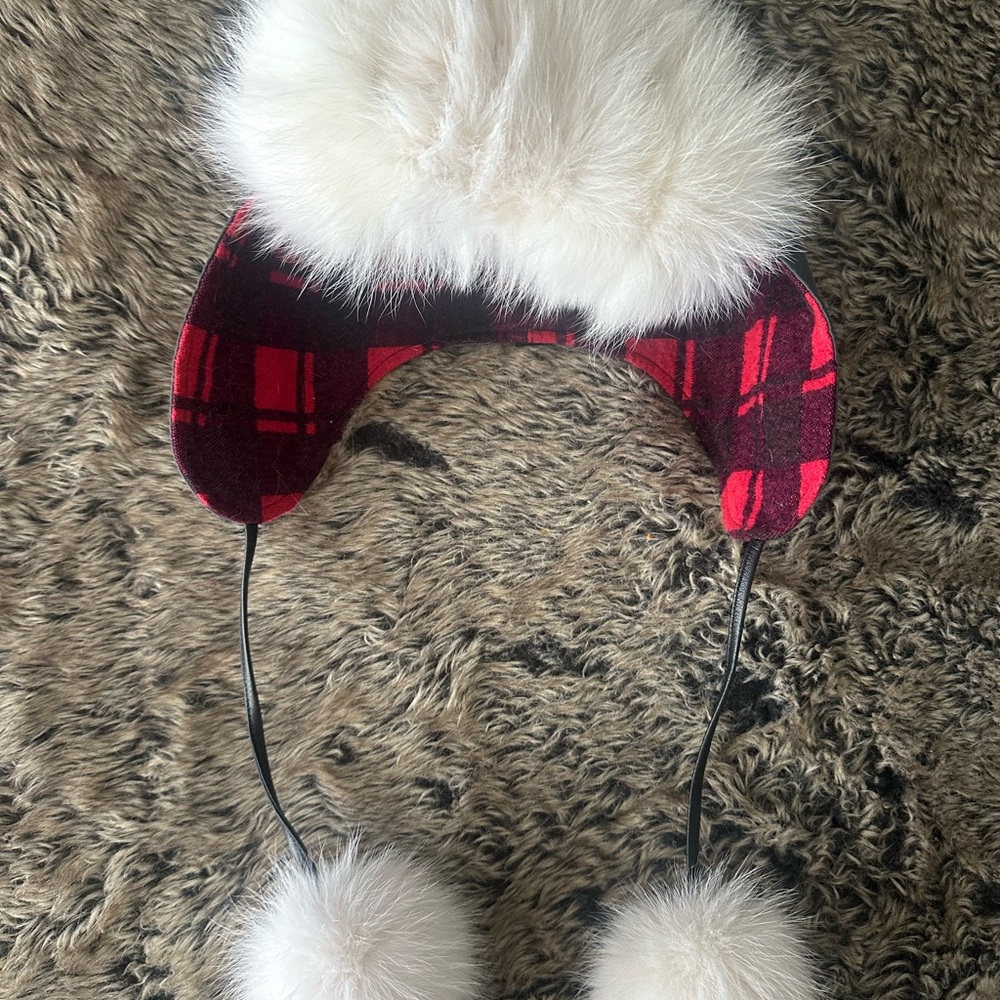 Mooseknuckles Plaid Red and White Faux Fur Earmuffs